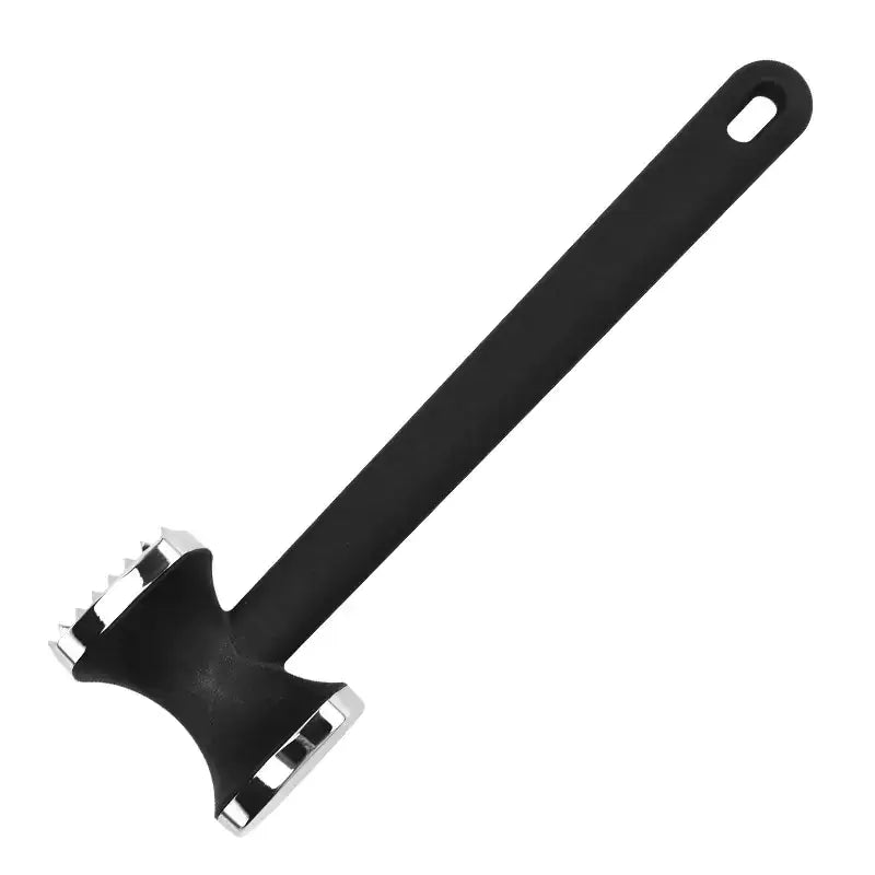 Black silicone-handled meat mallet with a stainless steel head featuring serrated edges.