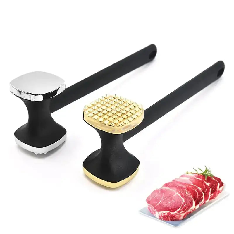 Two black-handled meat mallets, one with a shiny silver flat head and the other featuring a gold-colored textured grid head.