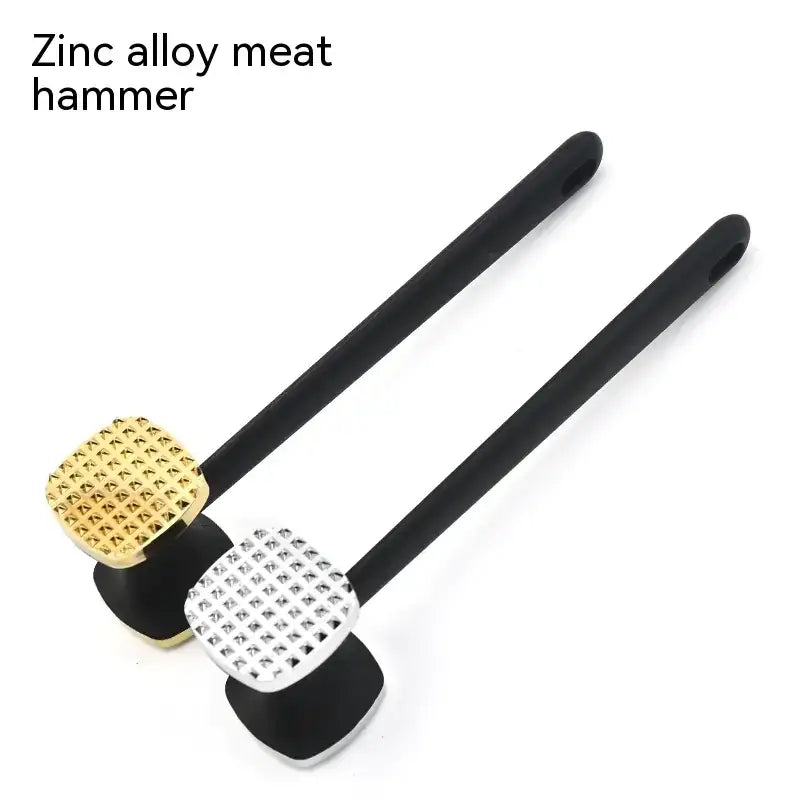 Two zinc alloy meat hammers with black handles and textured, gold or silver-colored striking heads.