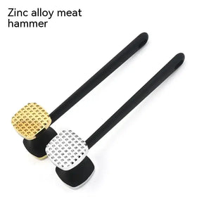 Two zinc alloy meat hammers with black handles and textured, gold or silver-colored striking heads.
